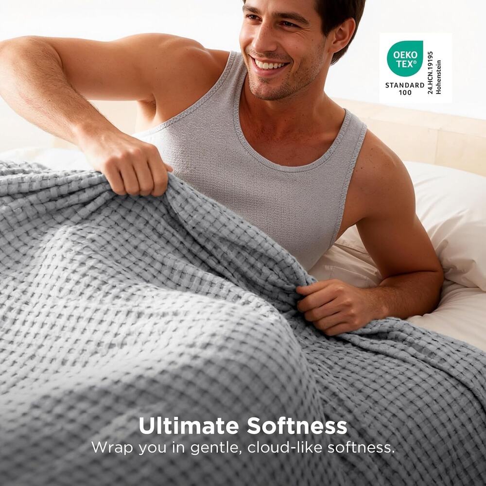 Bedsure Cooling Waffle Blanket for Hot Sleepers, Grey, Queen, 90"x90" 50% cotton - Picture 5 of 6